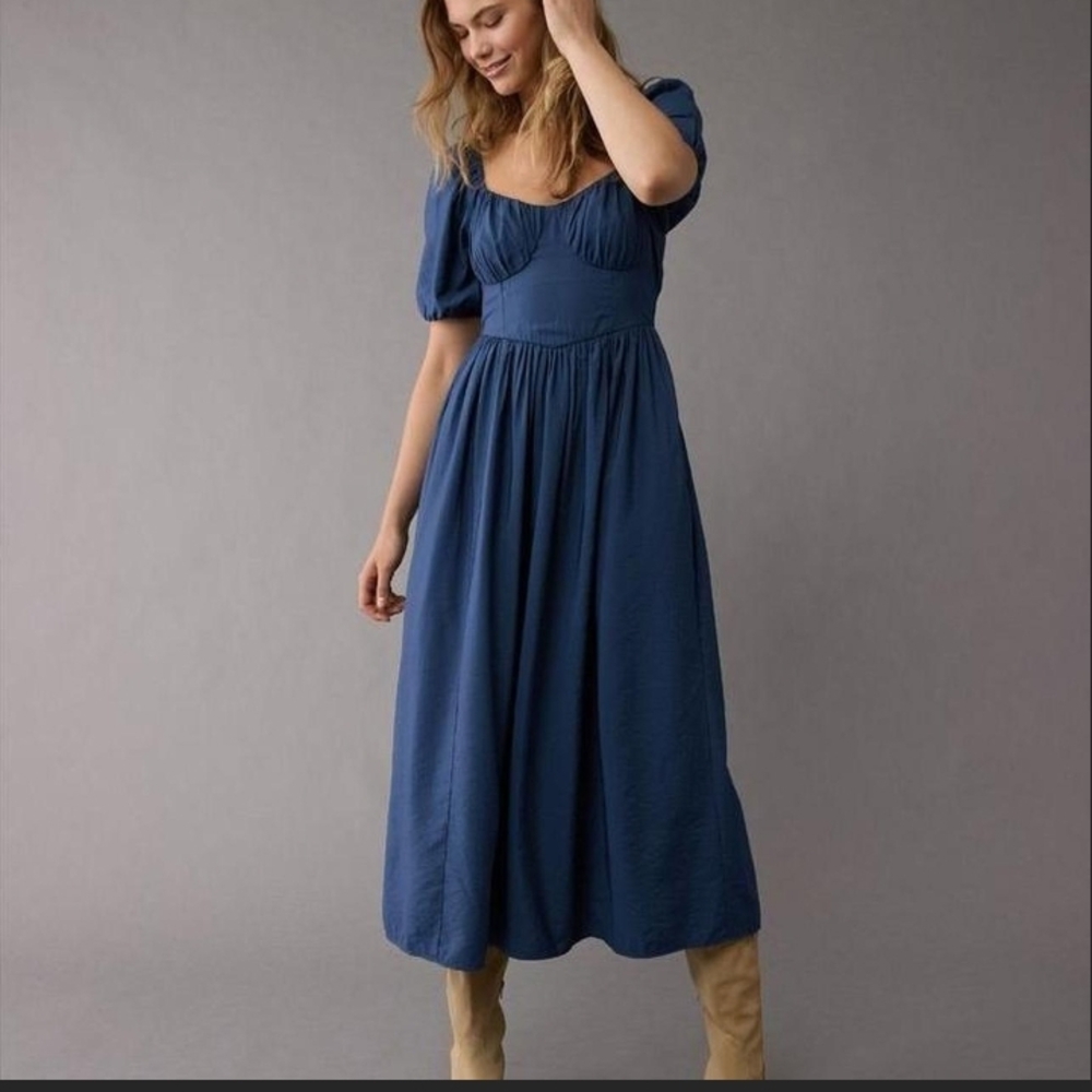 Blue Square-Neck Puff Sleeve Midi Dress